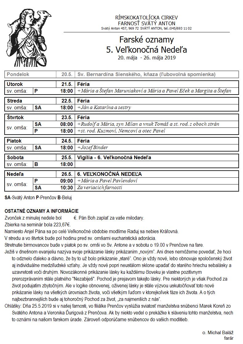 Farské oznamy 20.5.2019 - 26.5.2019