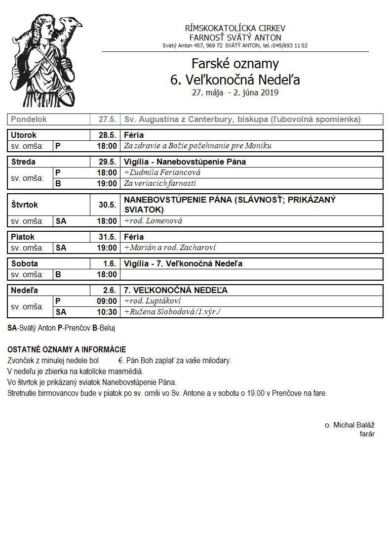 Farské oznamy 27.5.2019 - 2.6.2019