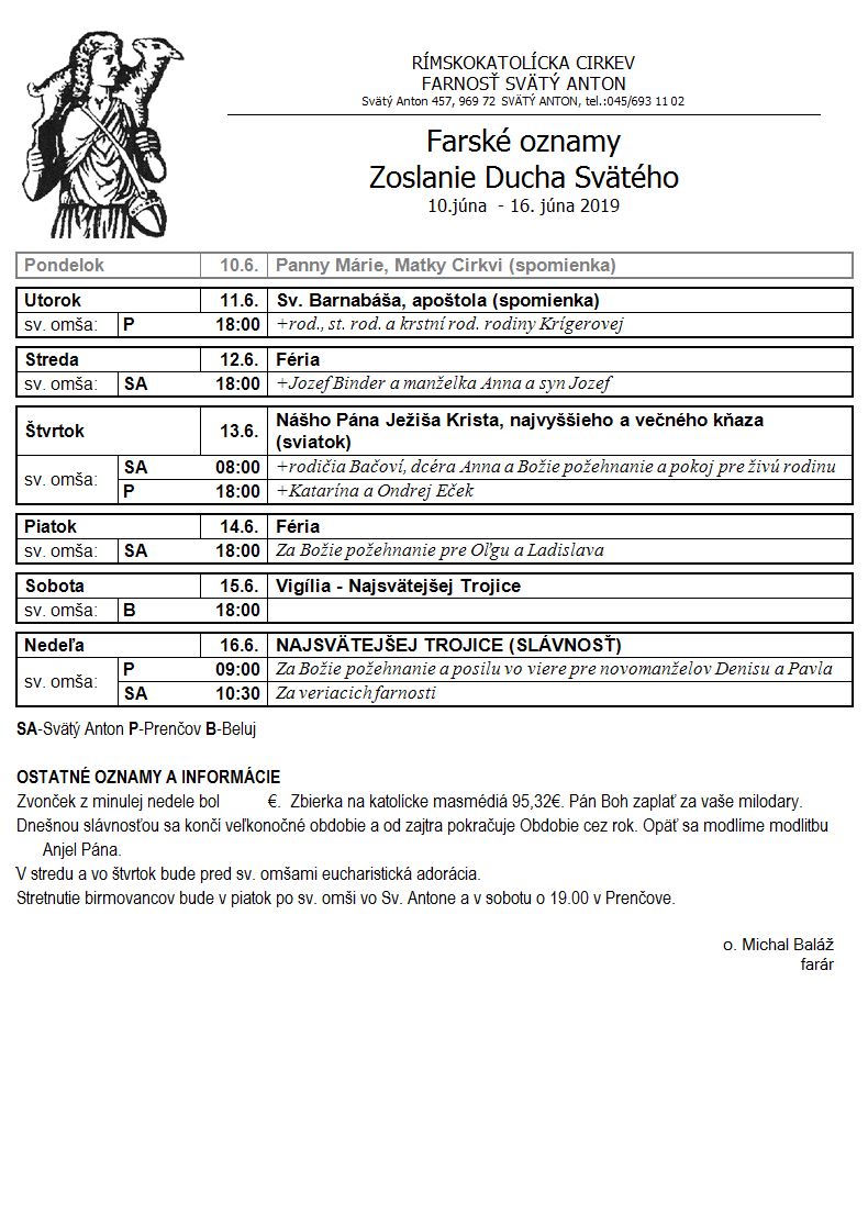 Farské oznamy 10.6.2019 - 16.6.2019