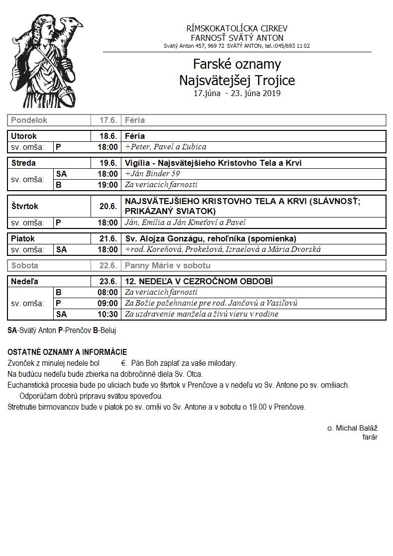 Farské oznamy 17.6.2019 - 23.6.2019