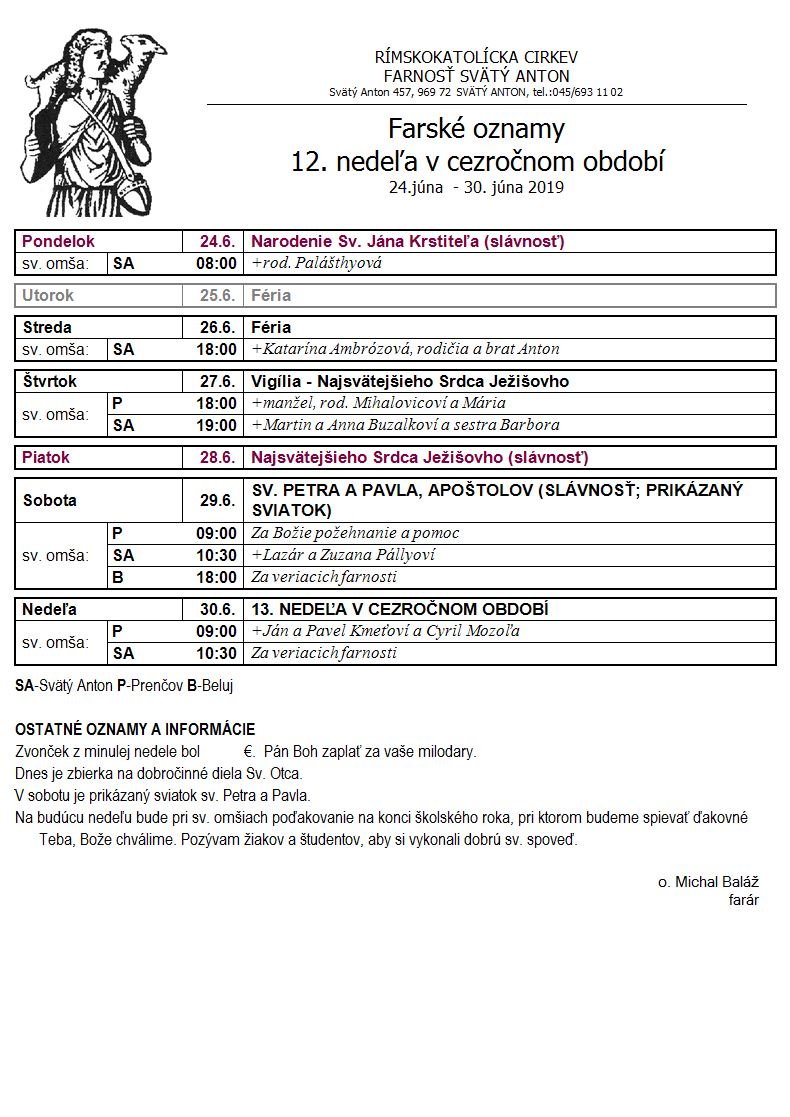 Farské oznamy 24.6.2019 - 30.6.2019