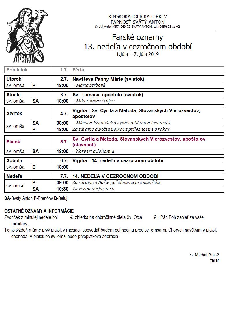 Farské oznamy 1.7.2019 - 7.7.2019