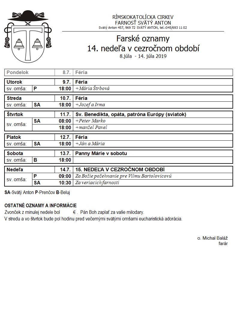 Farské oznamy 8.7.2019 - 14.7.2019