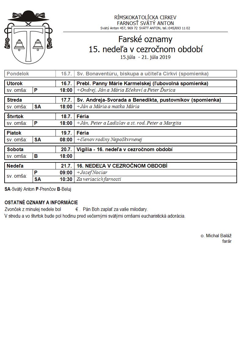 Farské oznamy 15.7.2019 - 21.7.2019