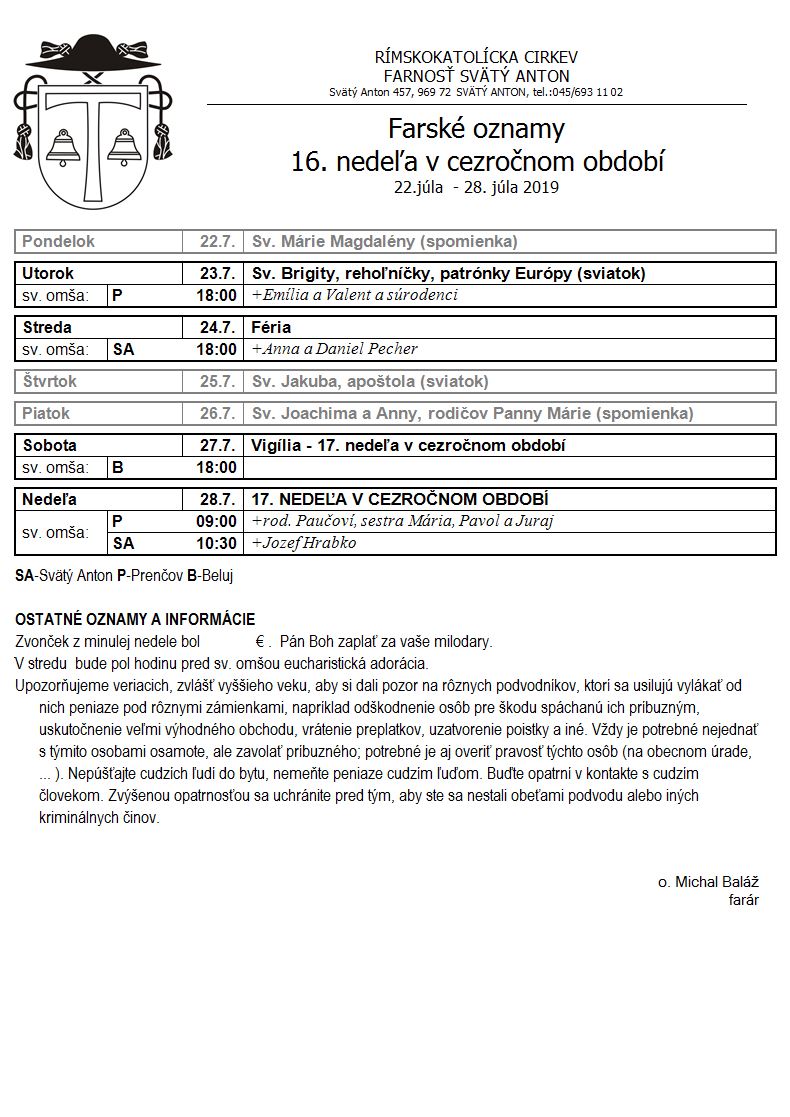 Farské oznamy 22.7.2019 - 28.7.2019