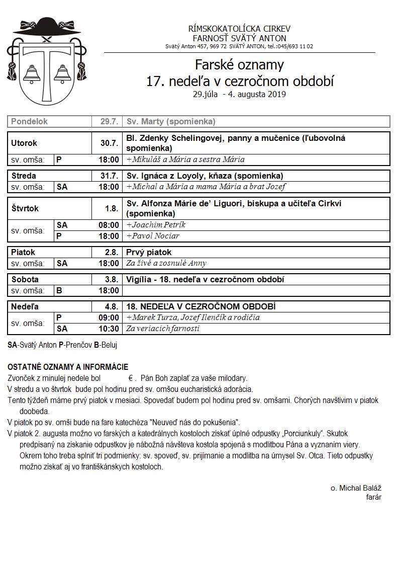 Farské oznamy 29.7.2019 - 4.8.2019
