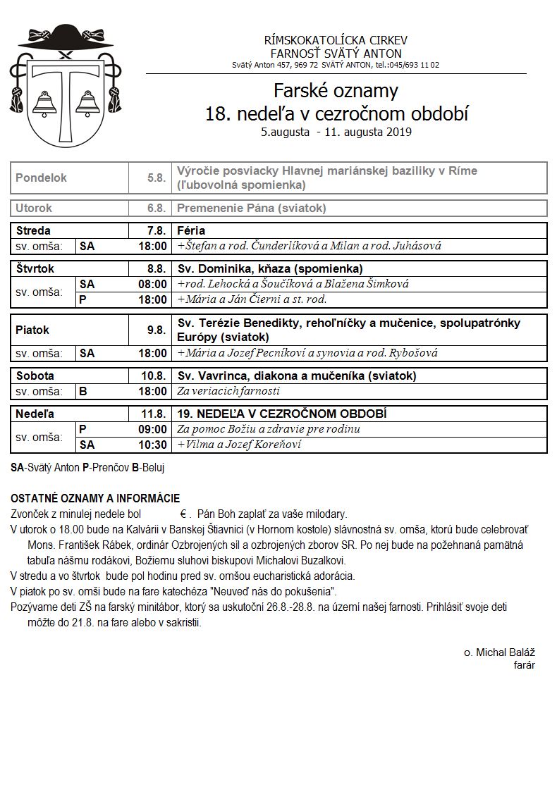 Farské oznamy 5.8.2019 - 11.8.2019
