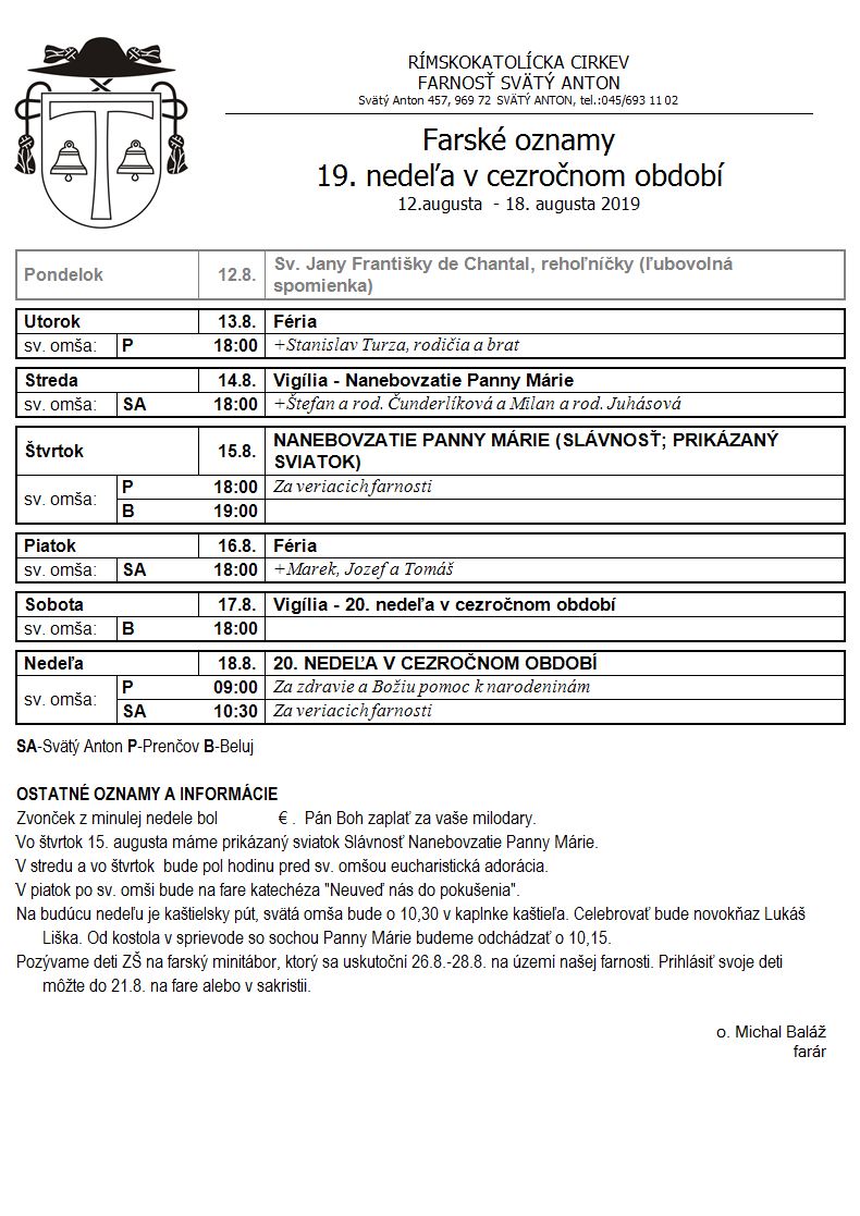 Farské oznamy 12.8.2019 - 18.8.2019