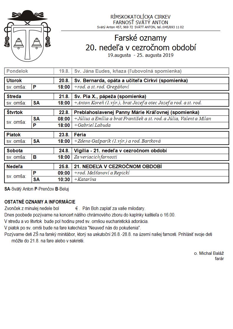 Farské oznamy 19.8.2019 - 25.8.2019