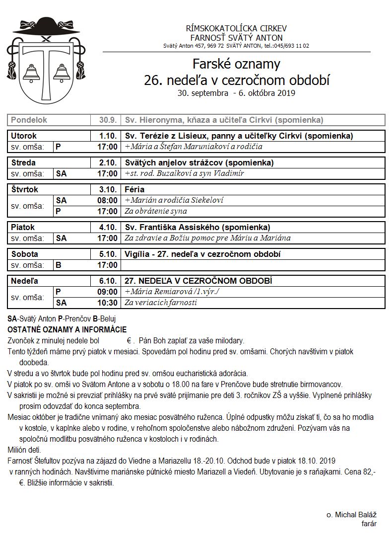 Farské oznamy 30.9.2019 - 6.10.2019