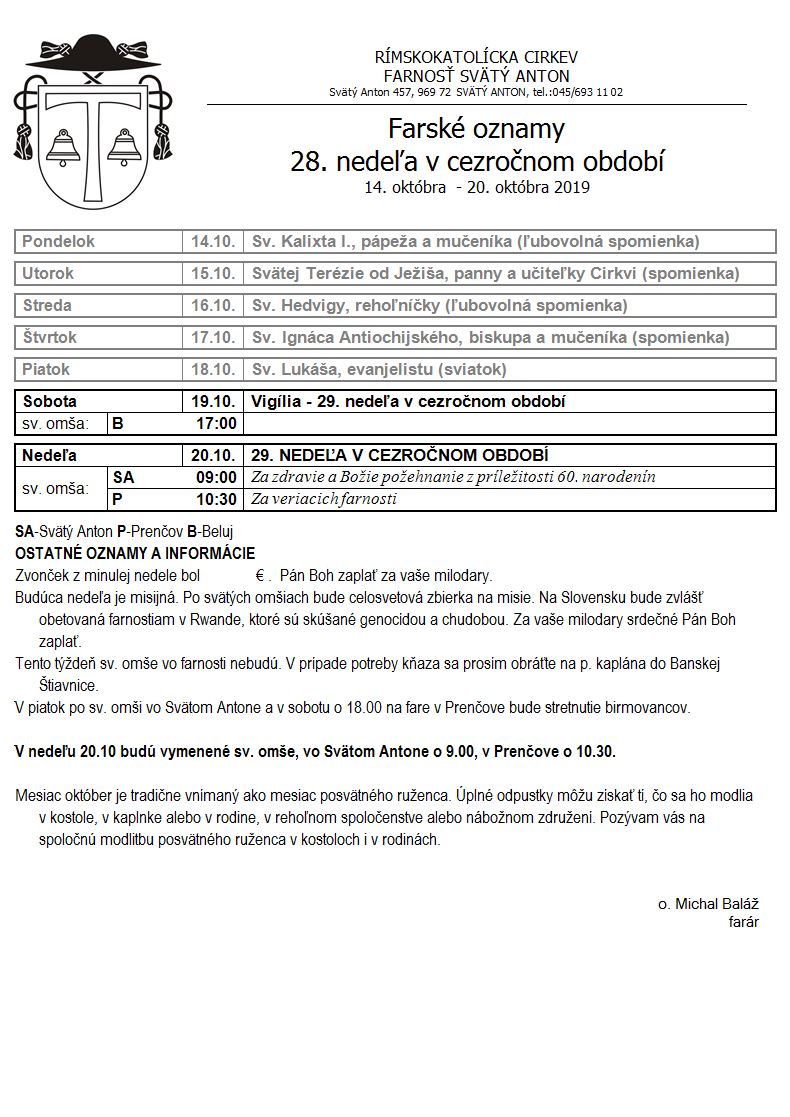 Farské oznamy 14.10.2019 - 20.10.2019