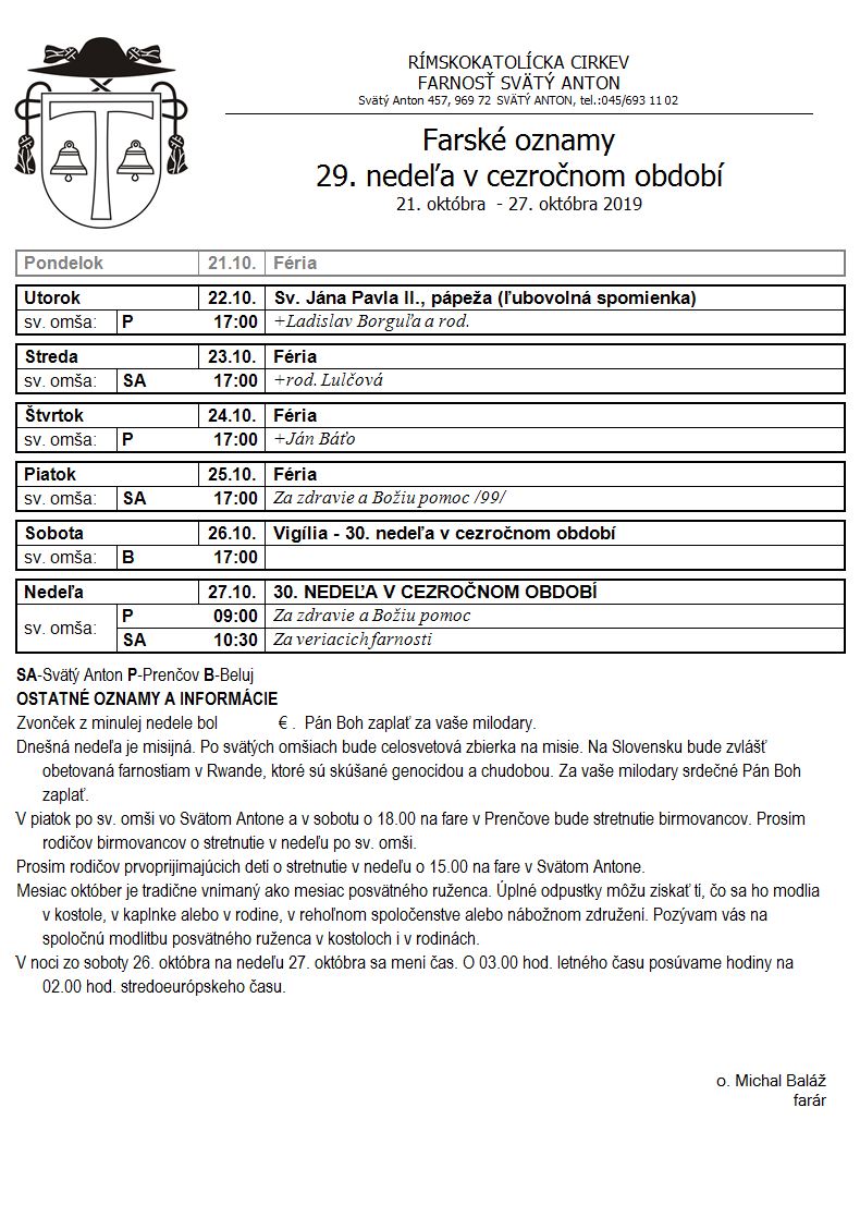 Farské oznamy 21.10.2019 - 27.10.2019
