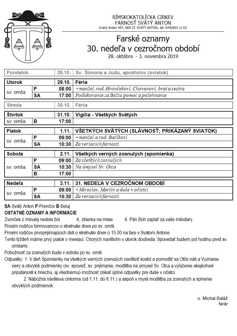 Farské oznamy 28.10.2019 - 3.11.2019