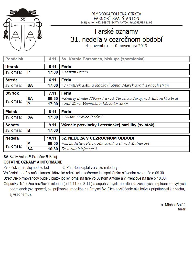 Farské oznamy 4.11.2019 - 10.11.2019