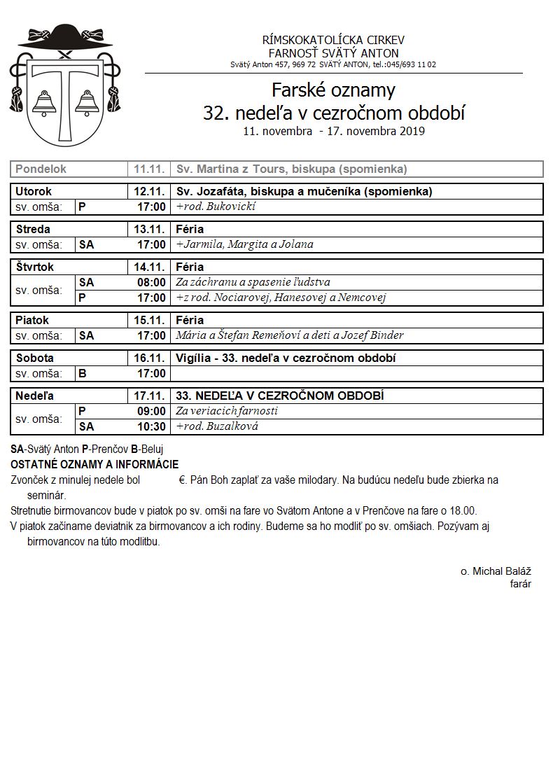 Farské oznamy 11.11.2019 - 17.11.2019