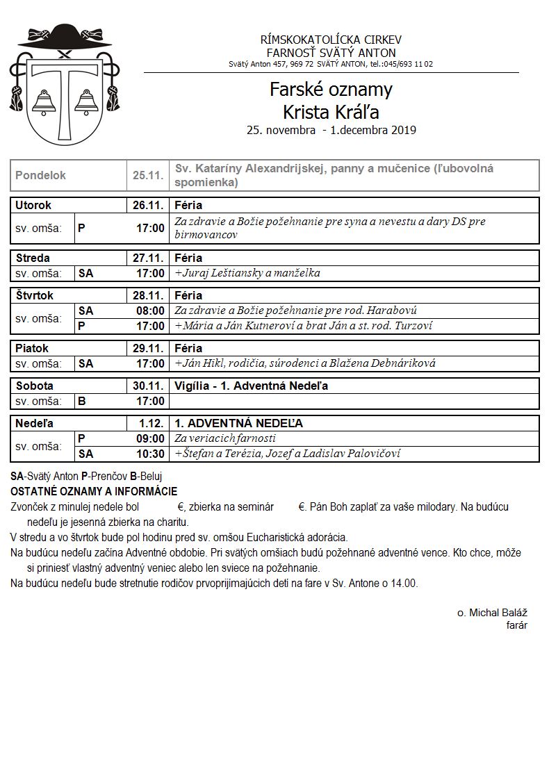 Farské oznamy 25.11.2019 - 1.12.2019