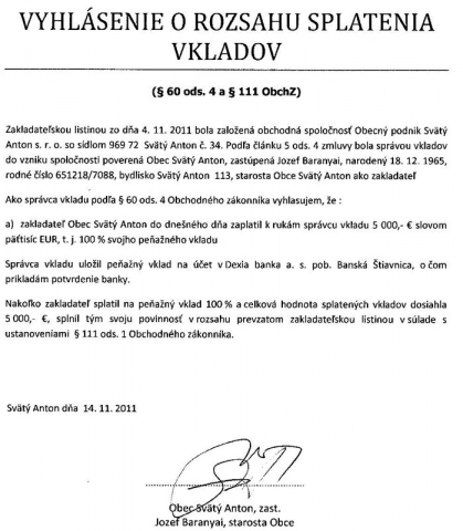 Vyhlásenie o rozsahu splatenia vkladov
